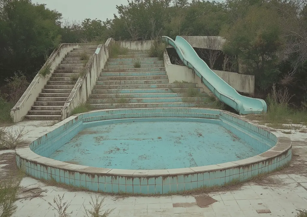 Imaginary abandoned training pool and water slide